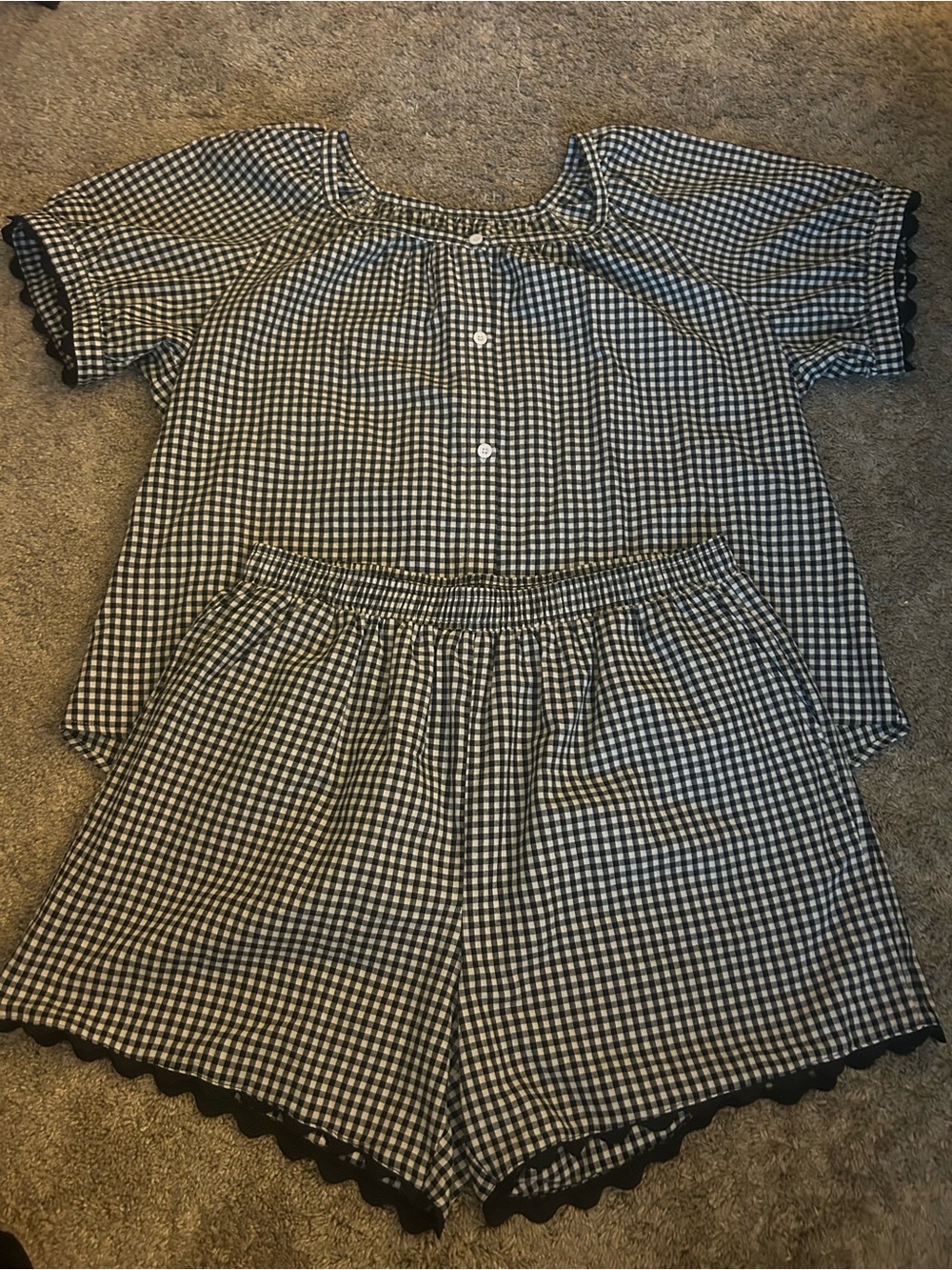 Amazon Black & White Gingham Button-Front Blouse with Scalloped Trim